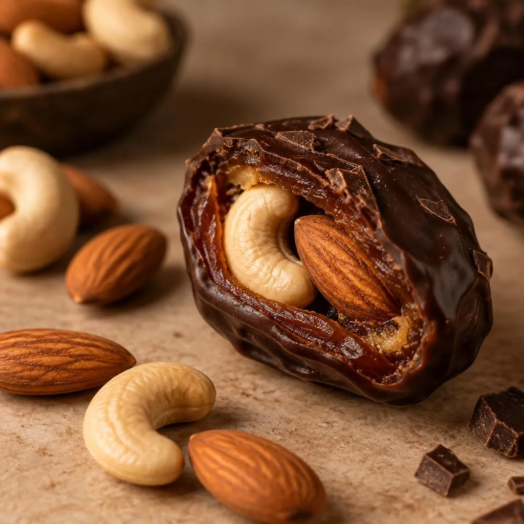 A chocolate-coated date cut open to reveal almond and cashew filling