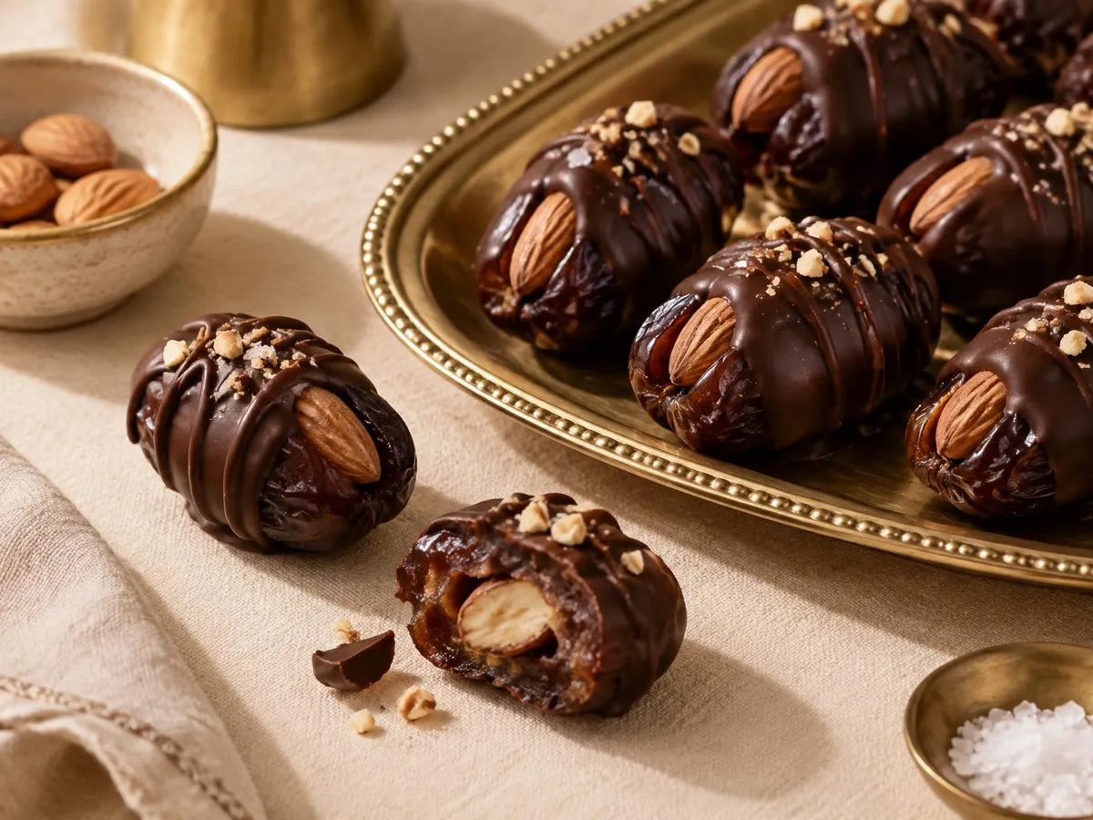Chocolate-coated almond stuffed dates on a brass tray