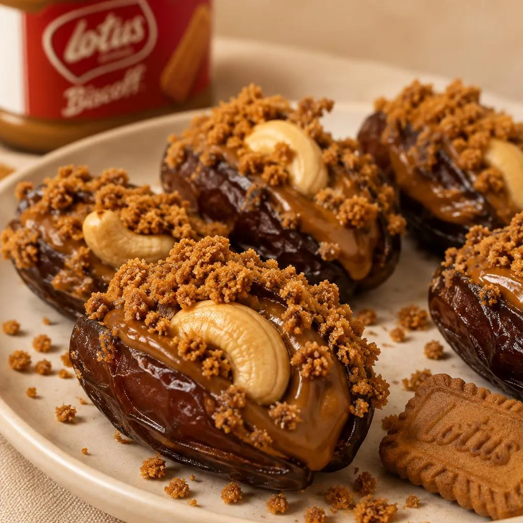 Cashew stuffed dates finished with Lotus biscuit coating
