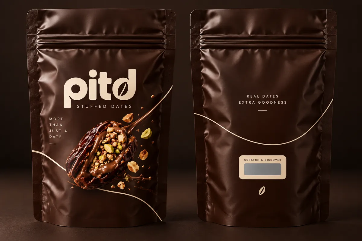 Supplied PITD pouch packaging concept, shown from the front and back
